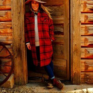 Duluth Trading Women's Folklore Flannel Duster Plaid Black Red MED